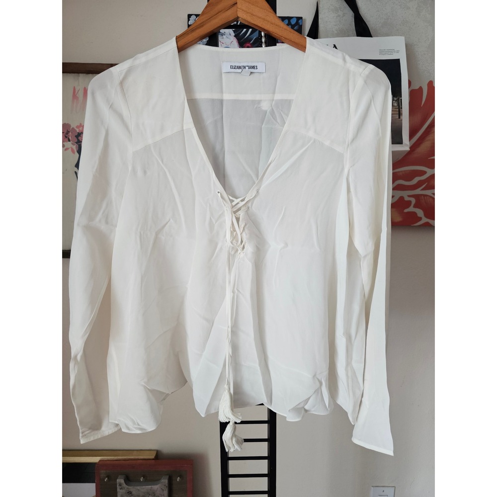 Elizabeth and James White Lace Up Tassel V-Neck‎ Blouse Womens Small Long Sleeve